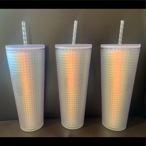 3x NEW Starbucks 2022 Spring Soft Touch White Frosted Pearl Grid Iridescent 24oz